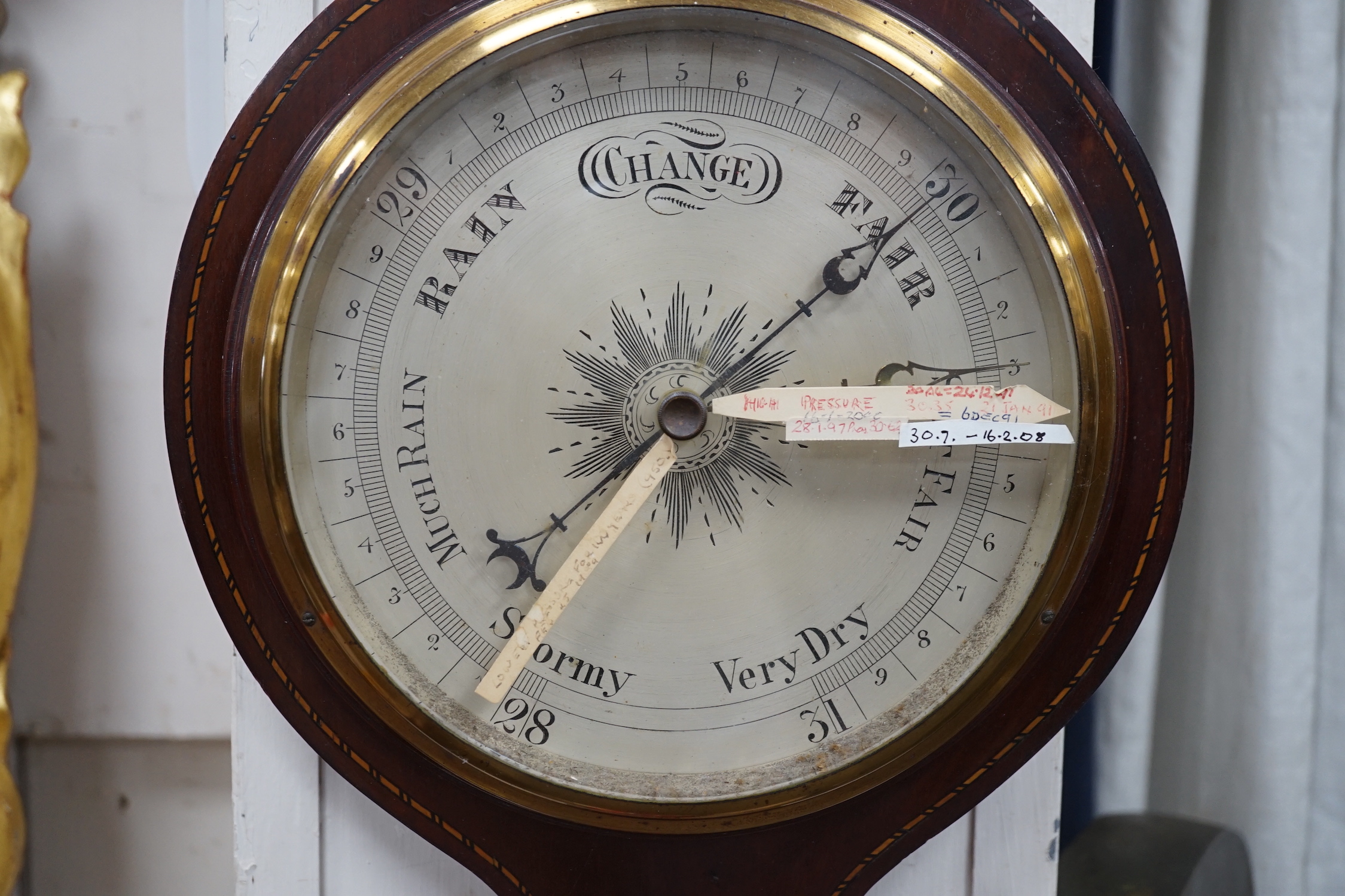 An Edwardian George III style inlaid mahogany barometer, 100cm high